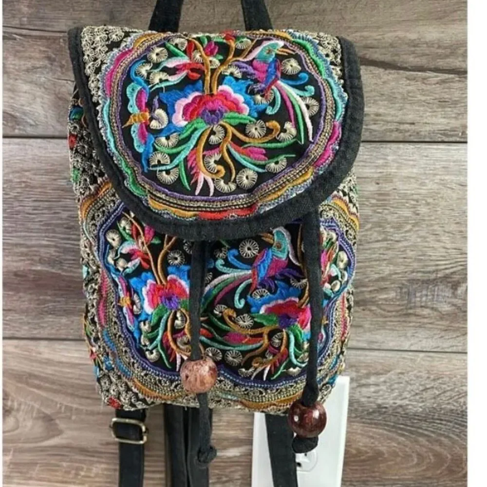 Boho Floral Embroidered Mini Backpack Hobo Style  Multicolor Unbranded Purse Sm